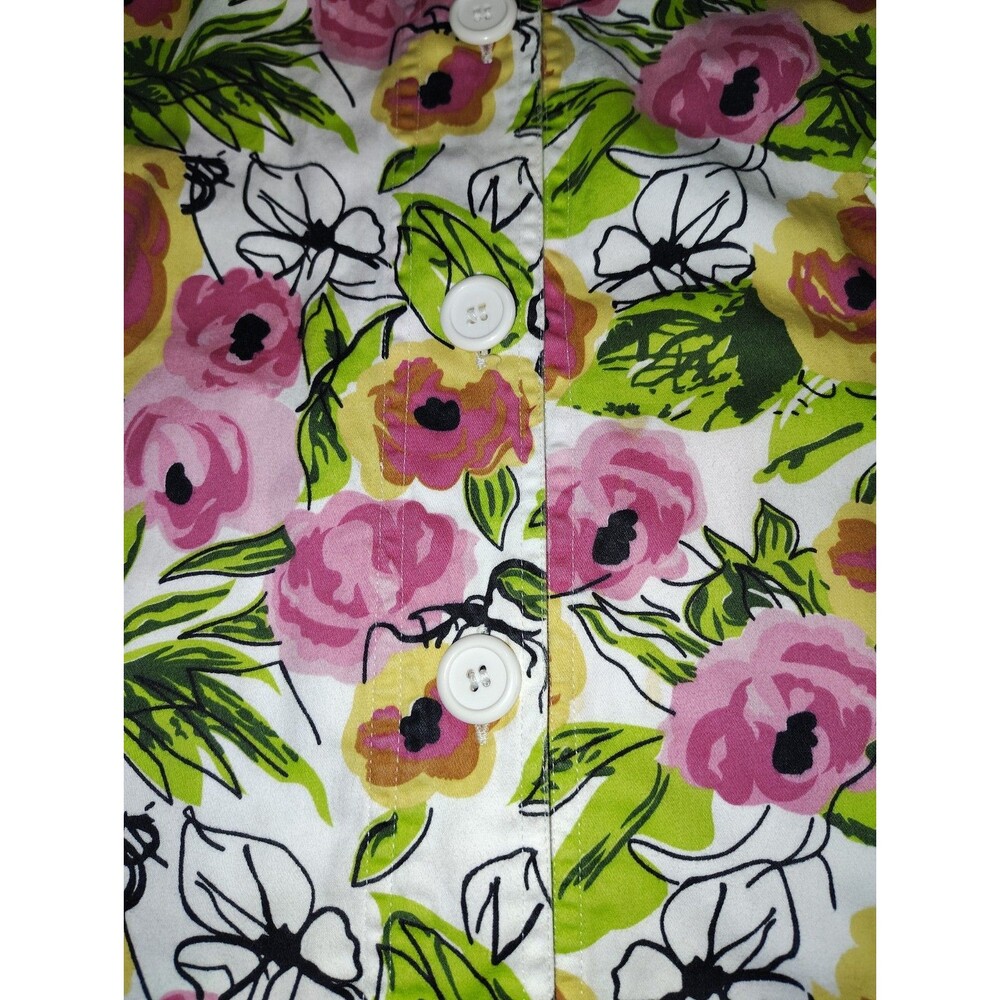 Keren Hart Floral Shacket Shirt Jacket Pockets Size L (Est) Pink Green Stripe - Picture 10 of 13